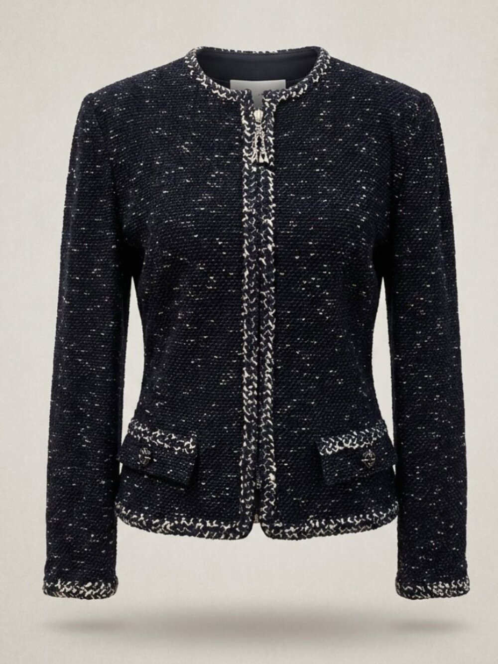 St. John Collection | Dark Navy Blue and Light Creme Tweed unlined Zip Blazer